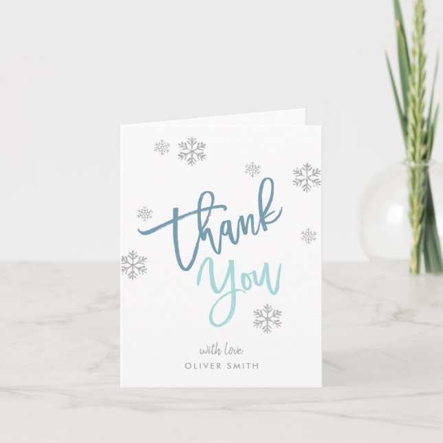 Winter Silver Glitter Snowflake Blue Folded Thank You Card (Front)