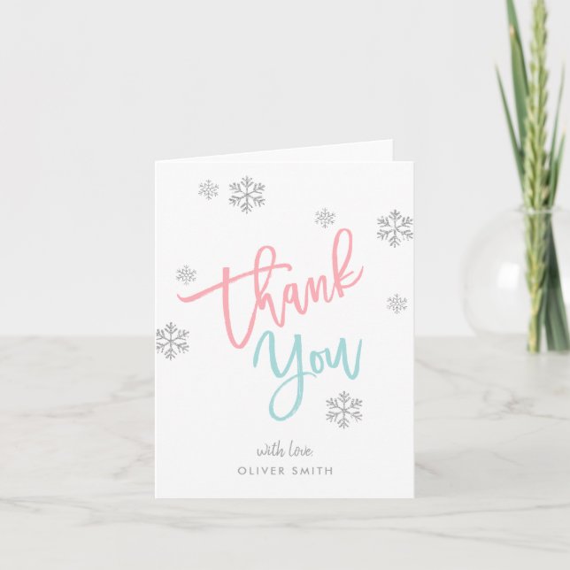 Winter Silver Glitter Snowflake Pink & Blue Folded Thank You Card (Front)