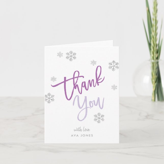 Winter Silver Glitter Snowflake Purple Folded Thank You Card (Front)
