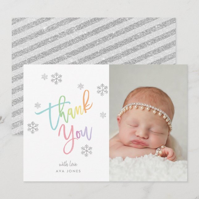 Winter Silver Glitter Snowflake Thank You Photo Invitation (Front/Back)