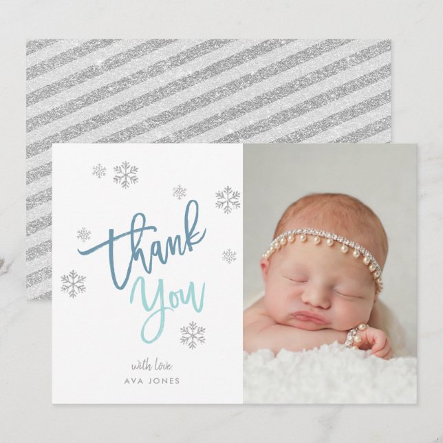Winter Silver Glitter Snowflake Thank You Photo Invitation (Front/Back)