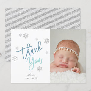 Winter Silver Glitter Snowflake Thank You Photo Invitation