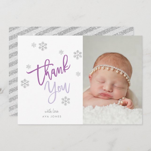 Winter Silver Glitter Snowflake Thank You Photo Invitation (Front/Back)