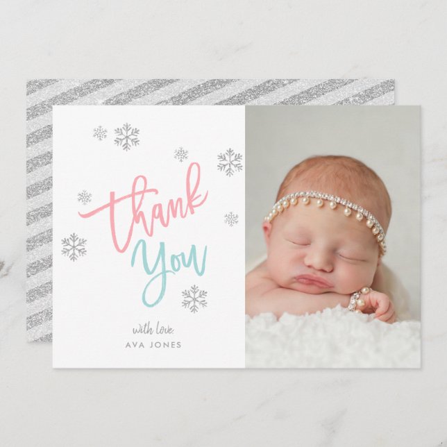Winter Silver Glitter Snowflake Thank You Photo Invitation (Front/Back)