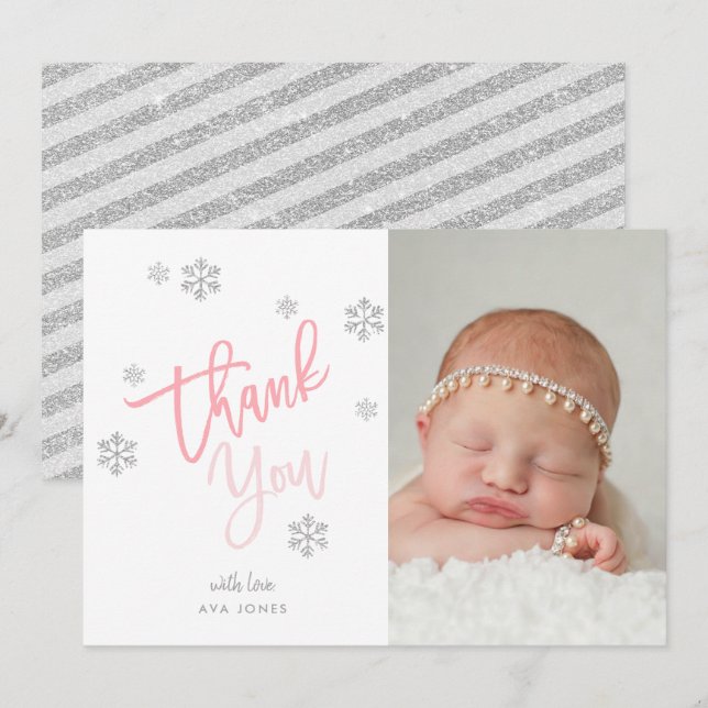Winter Silver Glitter Snowflake Thank You Photo Invitation (Front/Back)