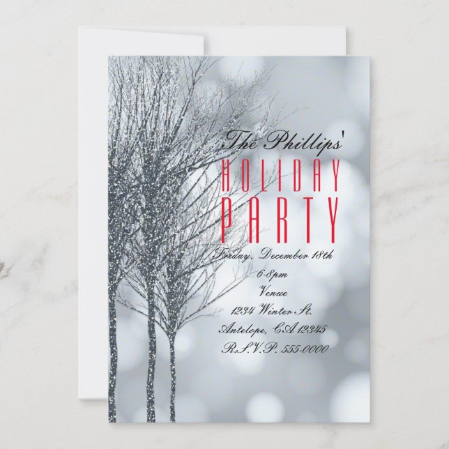 Winter Silver Glitter Trees Party Invitations (Front)