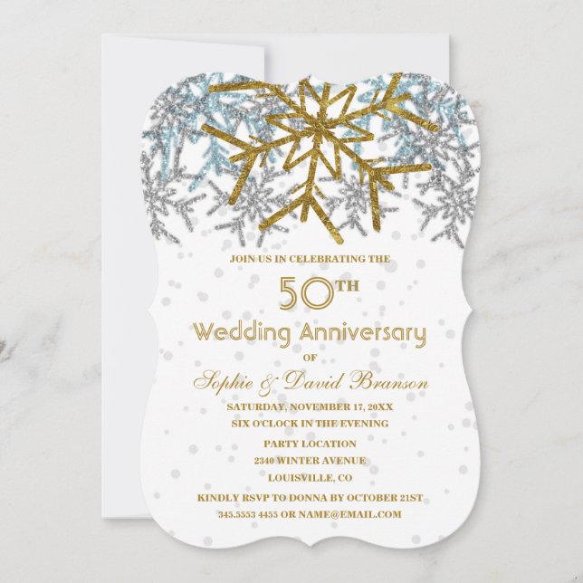 Winter Silver Gold Snowflakes 50th Wedding Party Invitation (Front)