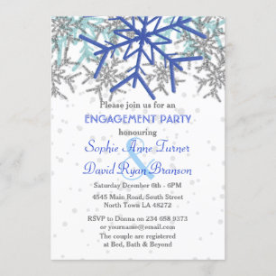 Winter Silver Navy Blue Snowflake Engagement Party Invitation