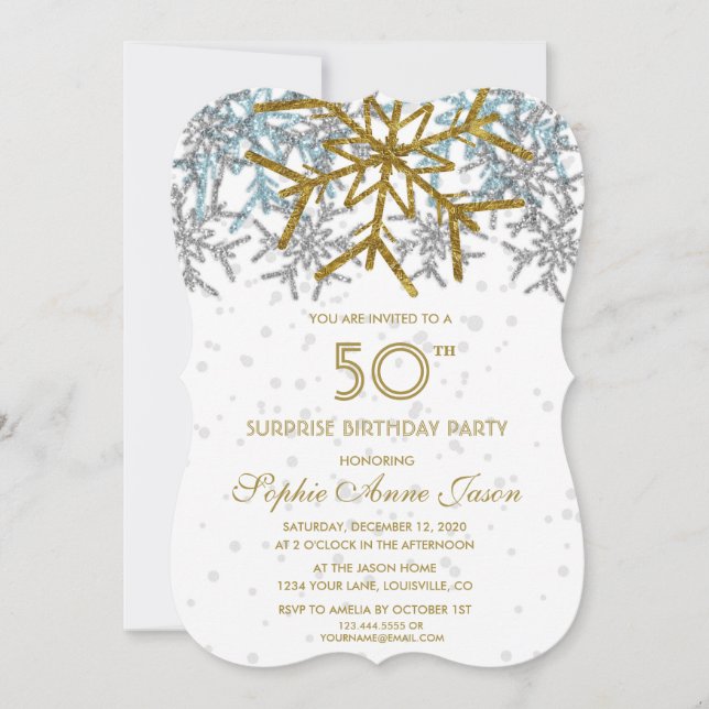 Winter Silver Pink Blue Snowflakes 50th BIRTHDAY Invitation (Front)