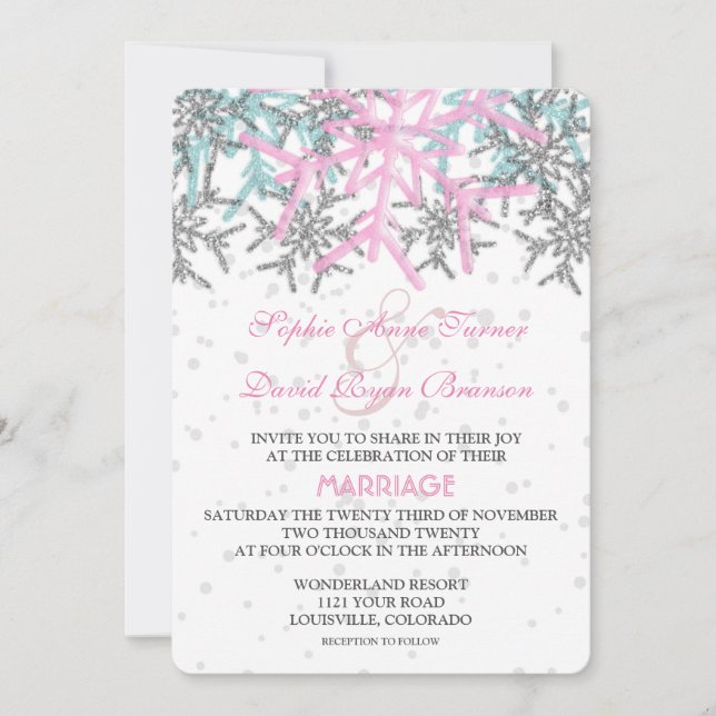 Winter Silver Pink Blue Snowflakes Wedding Invitation (Front)