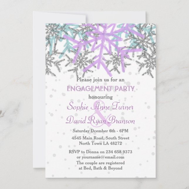 Winter Silver Purple Snowflakes Engagement Party Invitation (Front)