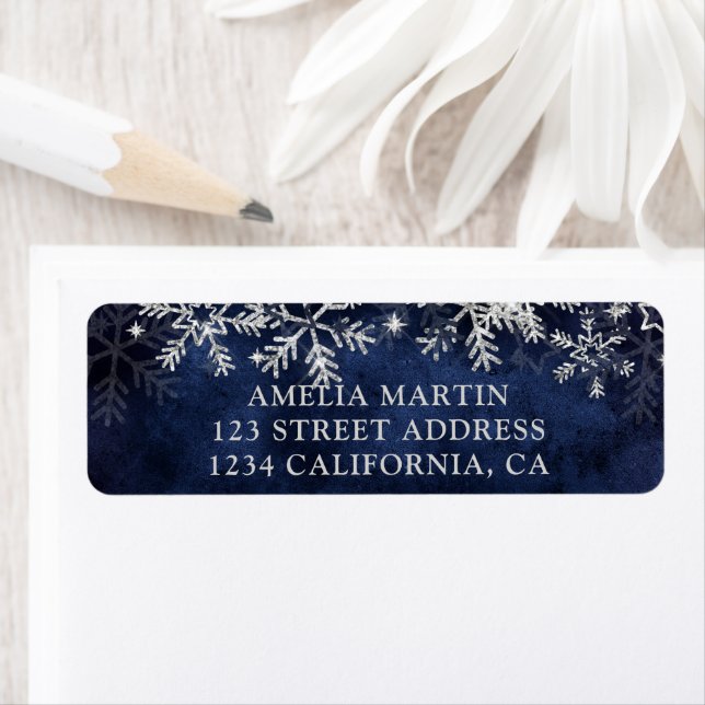 Winter silver snow navy blue baby shower label (Insitu)