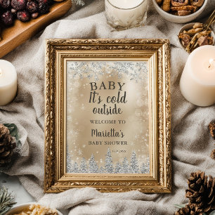 Winter silver snow pine gold welcome baby shower poster
