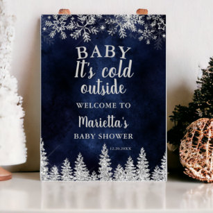 Winter silver snow pine navy welcome baby shower poster