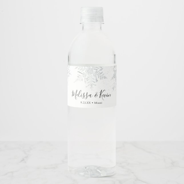 Winter Silver Snowflake Water Bottle Label (Front)