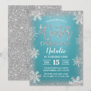 Winter Silver Snowflakes Turquoise 1st Birthday Invitation