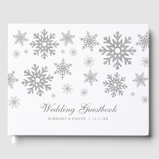 Winter Silver Snowflakes Wedding Guest Book (Front)