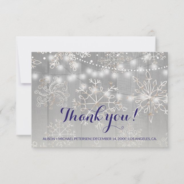 Winter Silver Snowflakes Wedding | String Lights Thank You Card (Front)