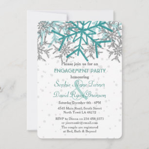 Winter Silver Turquoise Snowflake Engagement Party Invitation