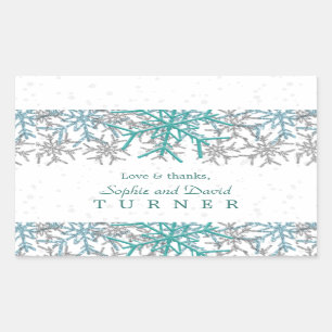 Winter Silver Turquoise Snowflakes Wedding Rectangular Sticker