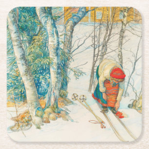 Winter Ski by Carl Larsson Square Paper Coaster