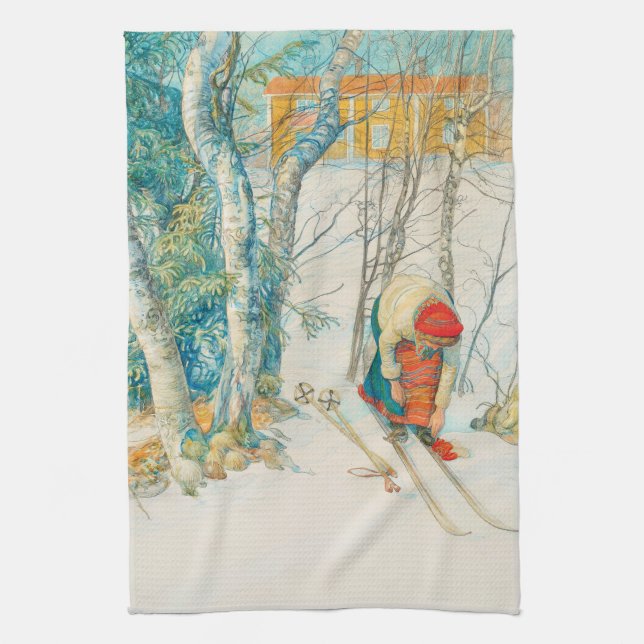 Winter Ski by Carl Larsson Tea Towel (Vertical)