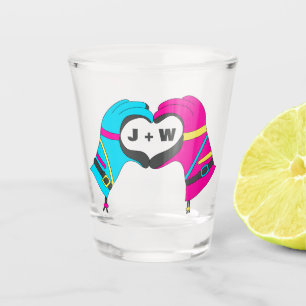 Winter Ski Gloves Hands in Heart Shape Initials Shot Glass