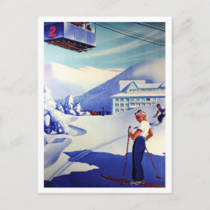 Winter ski resort, woman on ski, vintage travel postcard