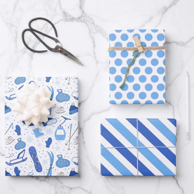 Winter Ski Sled Snowboard Wrapping Paper Set of 3 (Front)