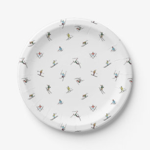 Winter Skiers In Action Pattern Paper Plate