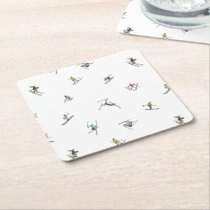 Winter Skiers In Action Pattern Square Paper Coaster