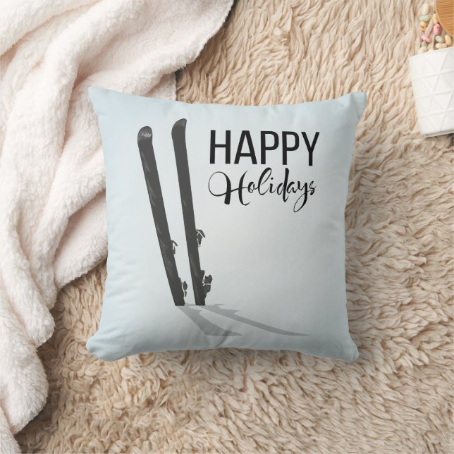 Winter Skiing Happy Holidays Throw Pillow (Blanket)