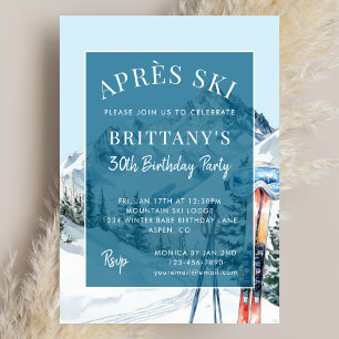 Winter Skiing Watercolor Apres Ski Birthday Party Invitation