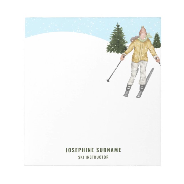 Winter Skiing Woman Watercolor Ski Instructor Notepad (Front)