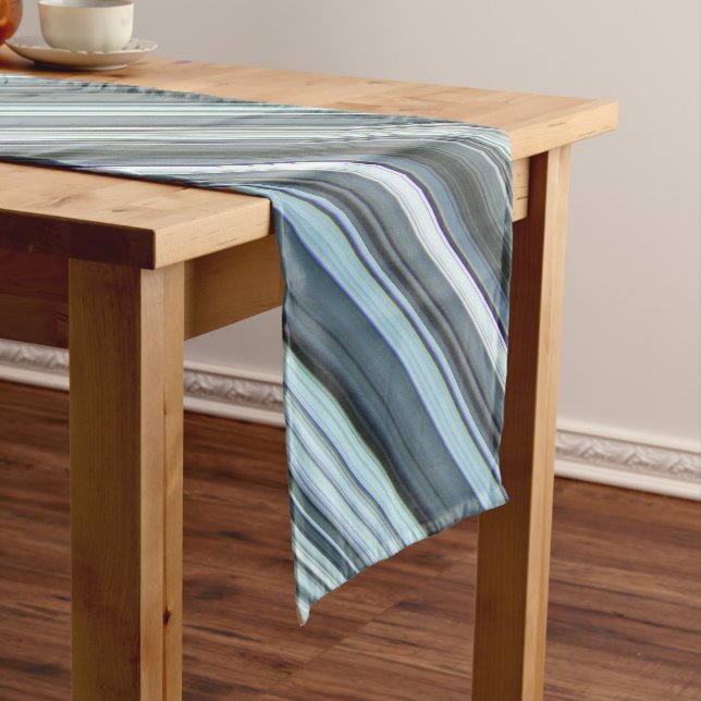 Winter Sky Aqua Blue Stripe Short Table Runner (In Situ)