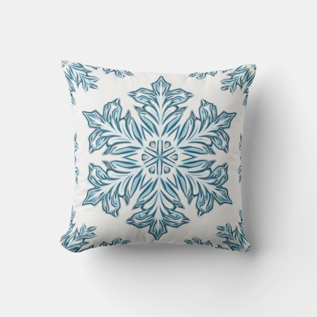 Winter Sky Blue Snowflake Pillow Cushion (Front)