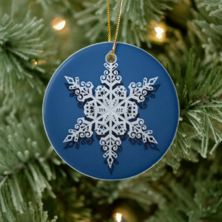 Winter Sky Snowflake — Classic White on Blue Ceramic Tree Decoration