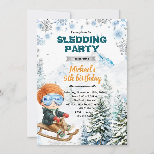 Winter Sledding party theme invitation (Front)