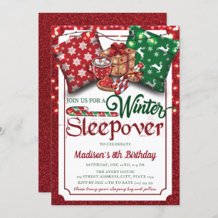 Winter Sleepover Birthday Party Red Glitter Invitation