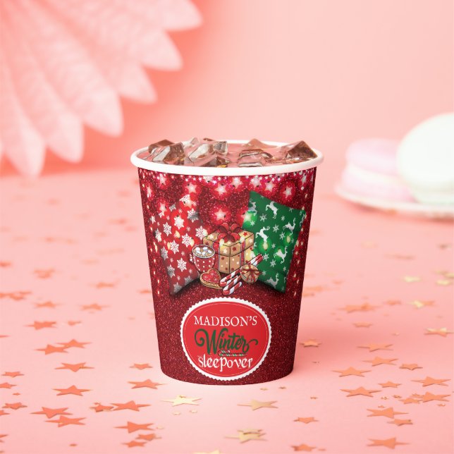 Winter Sleepover Personalised Birthday Christmas Paper Cups (Insitu)