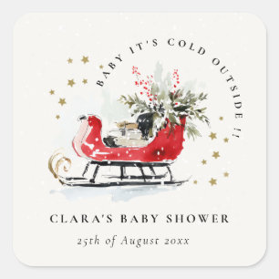 Winter Sleigh Its Cold Outside Neutral Baby Shower Square Sticker