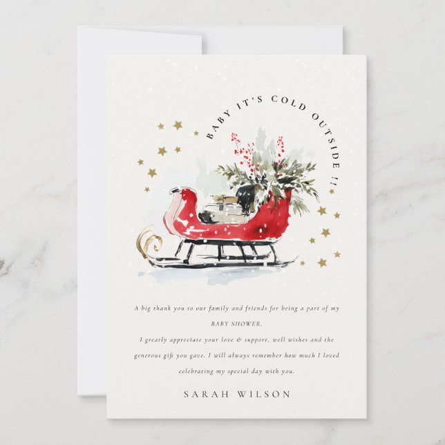 Winter Sleigh Its Cold Outside Neutral Baby Shower Thank You Card (Front)