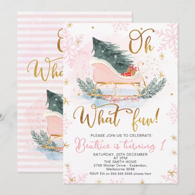 Winter Sleigh Oh What fun First Birthday Invitatio Invitation (Front/Back)