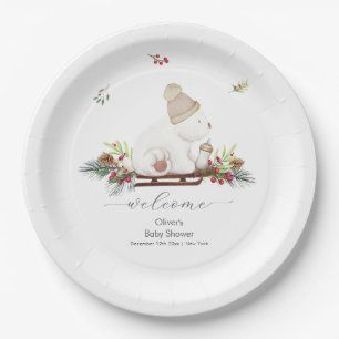 Winter Sleigh Polar Bear Baby Shower Welcome Paper Plate
