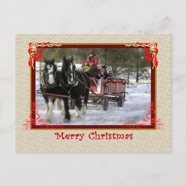 Winter Sleigh Ride, Merry Christmas Postcard (Front)