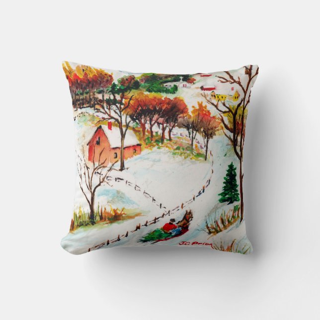 Winter Sleigh Ride Mountain Christmas Watercolor Cushion (Front)
