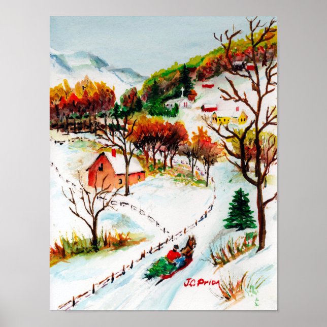 Winter Sleigh Ride Mountain Christmas Watercolor Poster (Front)