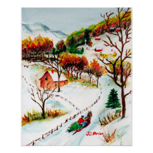 Winter Sleigh Ride Mountain Christmas Watercolor Poster