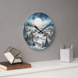 Winter Small Town Streets Snowy Full Moon Blue Large Clock