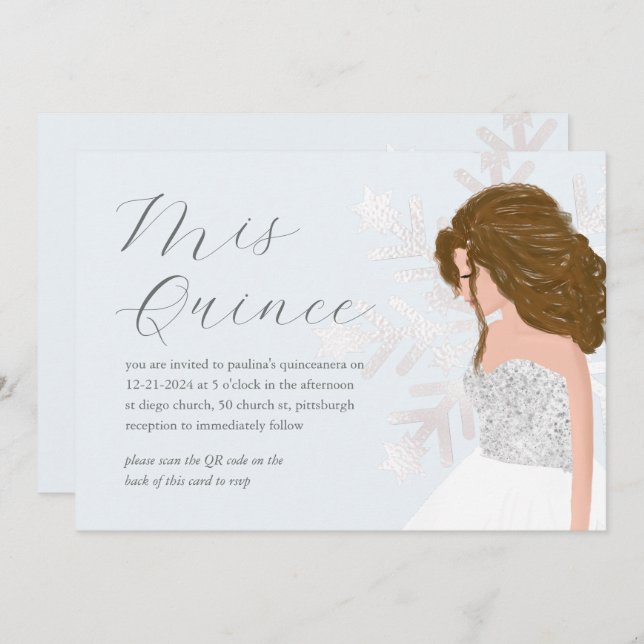 Winter Snow 15th Birthday Quinceañera QR Code Invitation (Front/Back)